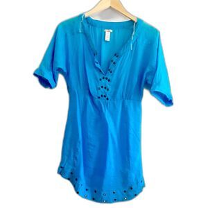 Voice Light Blue Teal Tunic High Waisted Quarter Sleeves Button Yoke Blouse  M